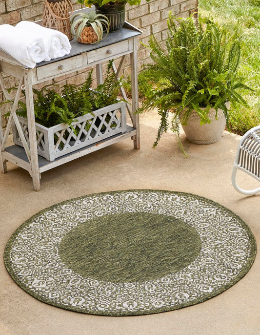 Unique Loom Outdoor Border Collection Area Rug - Floral Border (7' 10" Round, Green/ Ivory)