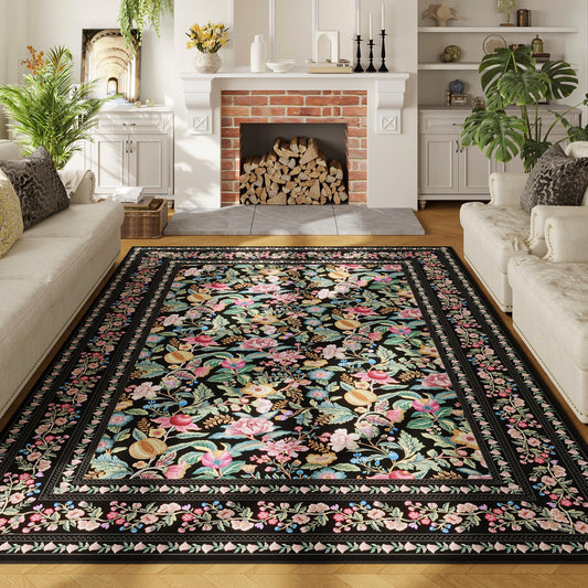 Vowkten Area Rugs 8x10 for Living Room Clearance Washable Vintage Floral Rug Non Slip Low Pile Large Rug for Bedroom, Farmhouse, Dining Room, Kids Playroom, Black