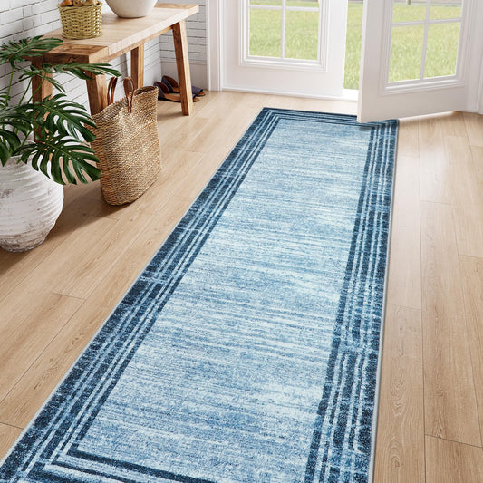 Lahome Amabel Abstract Runner Rug,2.5x8 Hallway Runner Rug Non-Slip Washable Blue Kitchen Runner Rugs, Soft Bedroom Runner Minimalist Solid Indoor Carpet Runners for Entryway Bathroom Laundry Room