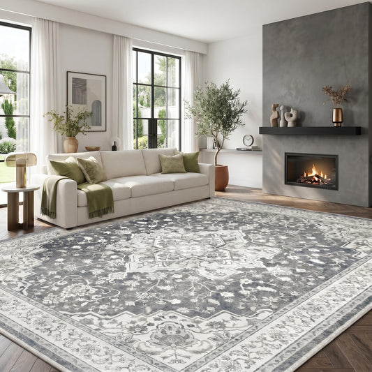 Marsail 8x10 Area Rugs,Rugs for Living Room,Bedroom,Machine Washable Area Rugs,Vintage Rug with Floral,Soft&Slip-Resistant Large Area Rug with Reinforced Bound Edges,Grey Rug