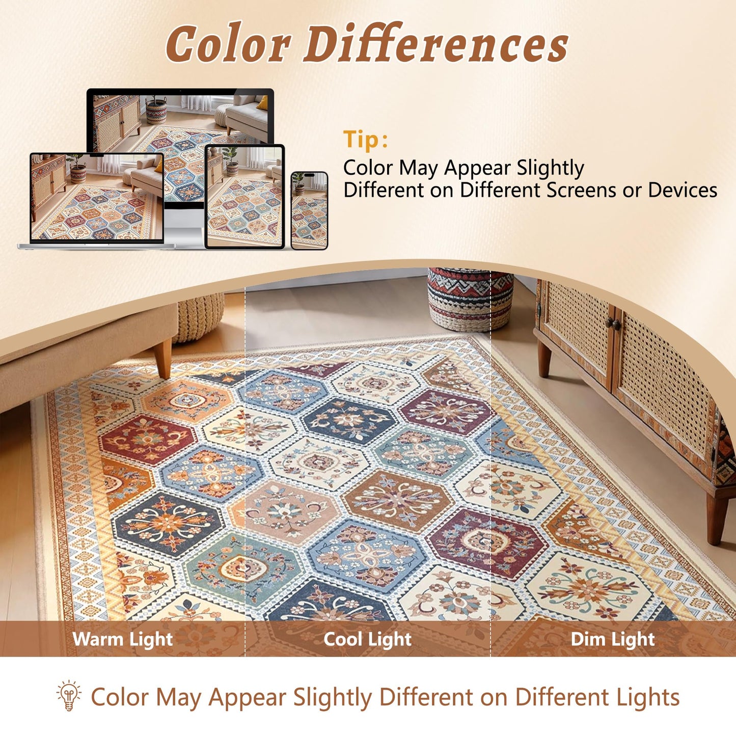 TTelephant 3x5 Washable Rug, Soft Non-Slip Boho Moroccan Rug, Low-Pile Printed Indoor Throw Rugs for Entryway, Kitchen, Bedroom Bedside, Entrance- Multi