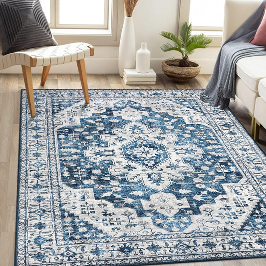 Moynesa Ultra-Thin Washable Area Rug - 5x7 Blue Rugs for Living Room Washable Rugs for Bedroom Soft Dining Room Mat, Vintage Printed Low Pile Indoor Carpet for Office Sunroom Playroom