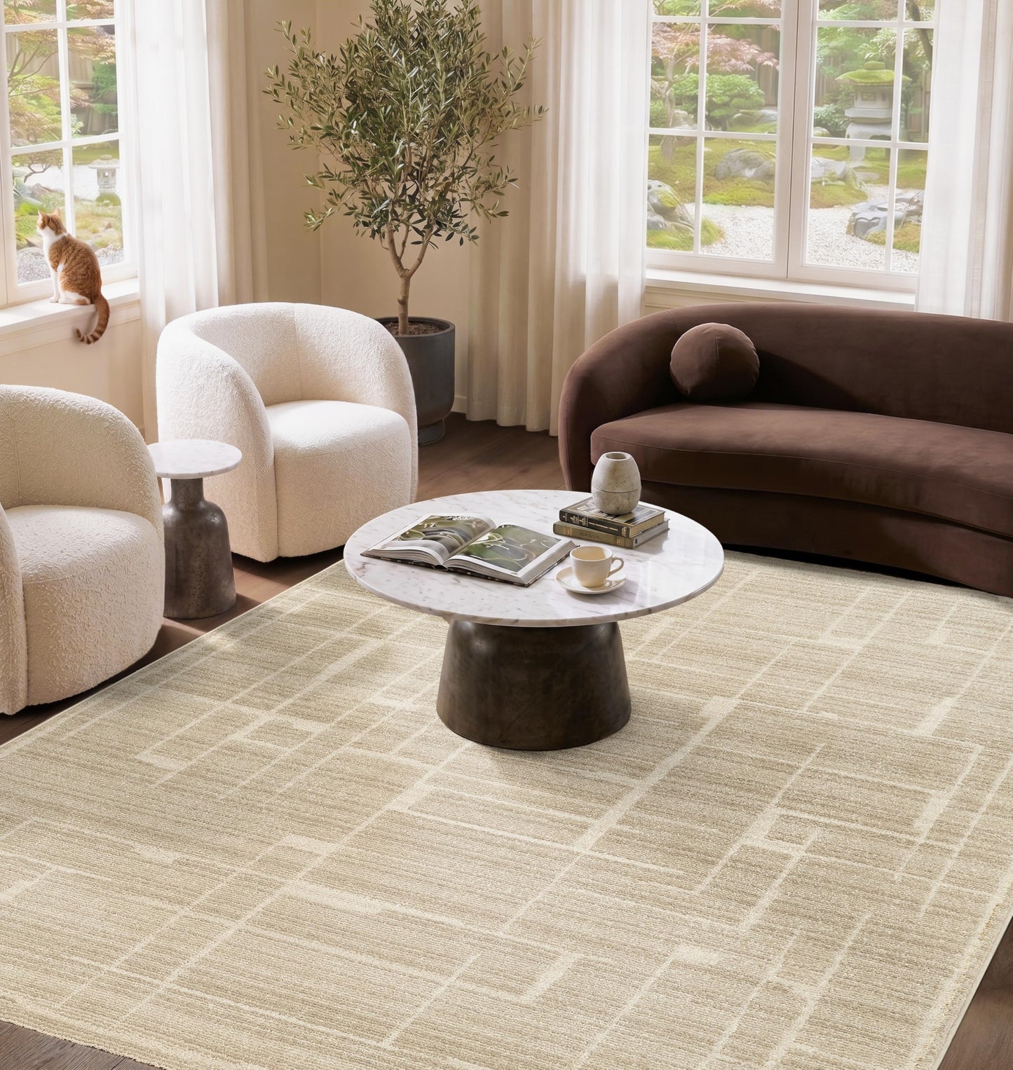 Abani Evelyn Collection Beige Area Rug - 7'9" x 10' - Grid Fade Pattern, Non-Shedding - Easy to Clean, Durable for Living Rooms, Dining Rooms & Family Rooms, Pet & Kid Friendly