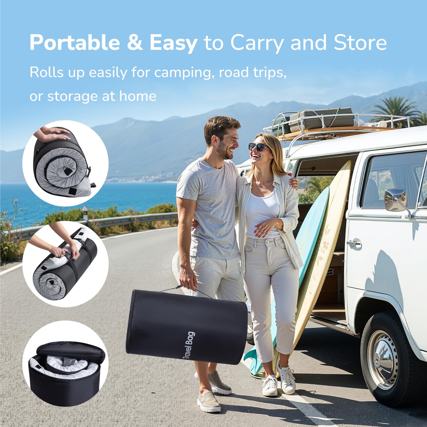Memory Foam Camping Mattress 2.5 inch, Cot Pads, Single Small Portable Roll Up Camping Sleep Topper with Waterproof and Non-Slip Bottom, Camping Car Mat with Travel Bag, 72"×24"×2.5", Grey
