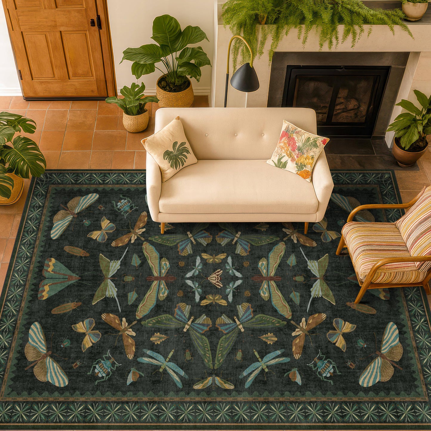 Dark Green Area Rugs 5x7 for Living Room - Fairy Fantasy Moss Rugs for Dining Room Table, Bedroom, Whimsical Insect Boho Moth Décor, Washable Non Skid Soft Carpet