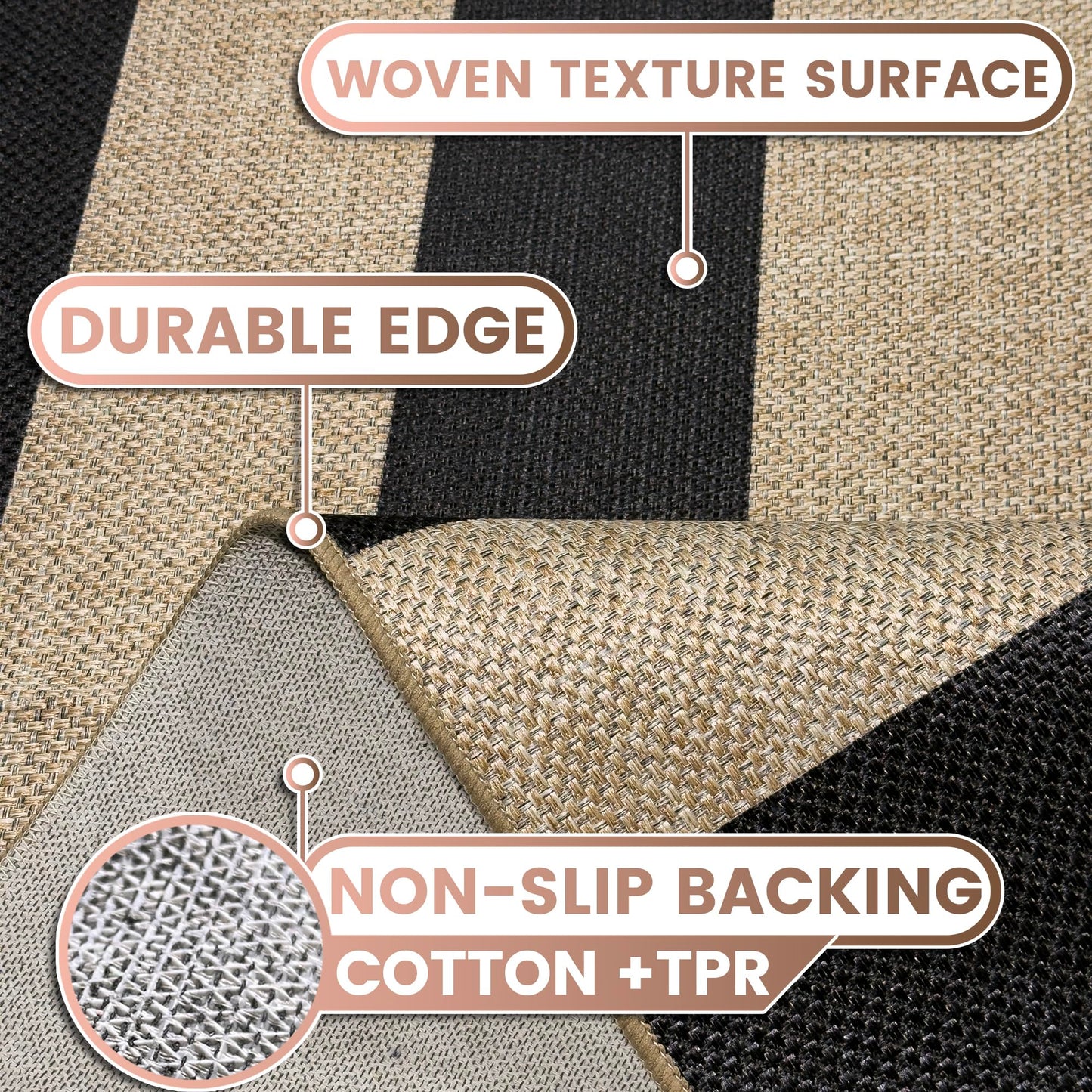 Washable Striped Easy Jute Runner Rug, 2x6 Black Boho Geometric Outdoor Indoor Patio Rug, Low Pile Lightweight Non Slip Neutral Long Runner Carpet Mat for Hallway Kitchen 6ft Entryway Porch Farmhouse
