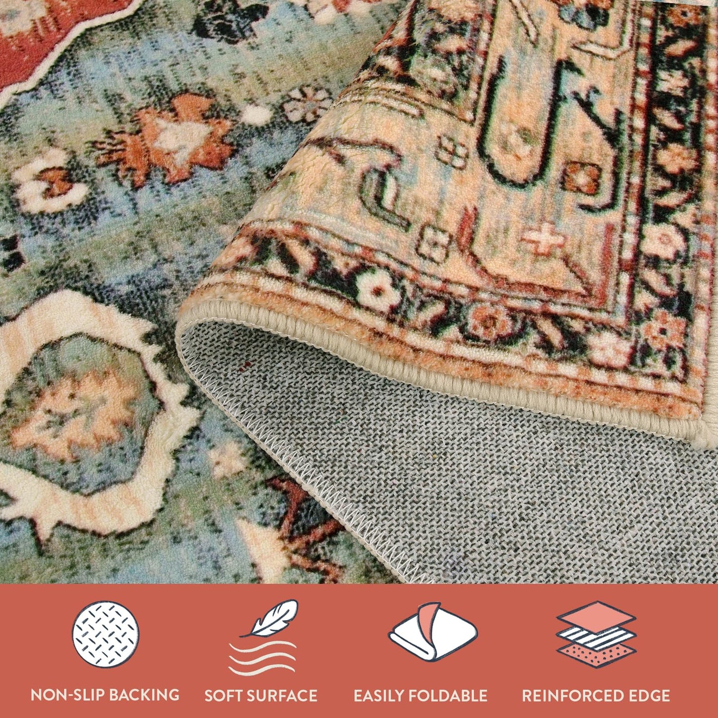 Lahome Felice Boho Tribal Square 4x4 Washable Rug, Soft Living Room Kitchen Entry Rugs with Rubber Backing, Oriental Non-Slip Indoor Throw Bedroom Carpet for Nursery Office (Rust/Dull Teal,4x4ft)