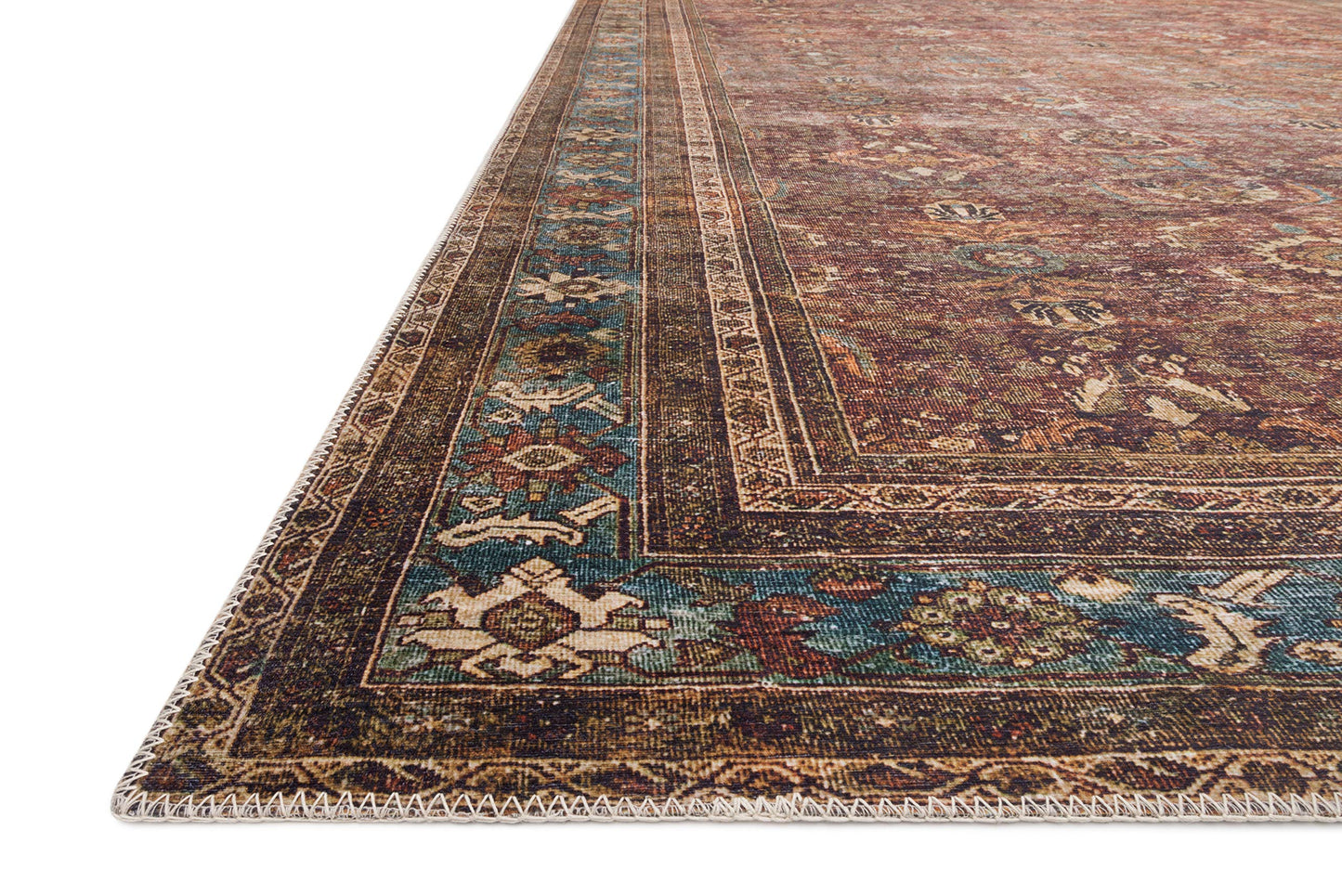 Loloi Layla Collection LAY-01 Brick/Blue 7'-6" x 9'-6" .13" Thick Area Rug, Soft, Durable, Vintage Inspired, Distressed, Low Pile, Non-Shedding, Easy Clean, Printed, Living Room Rug
