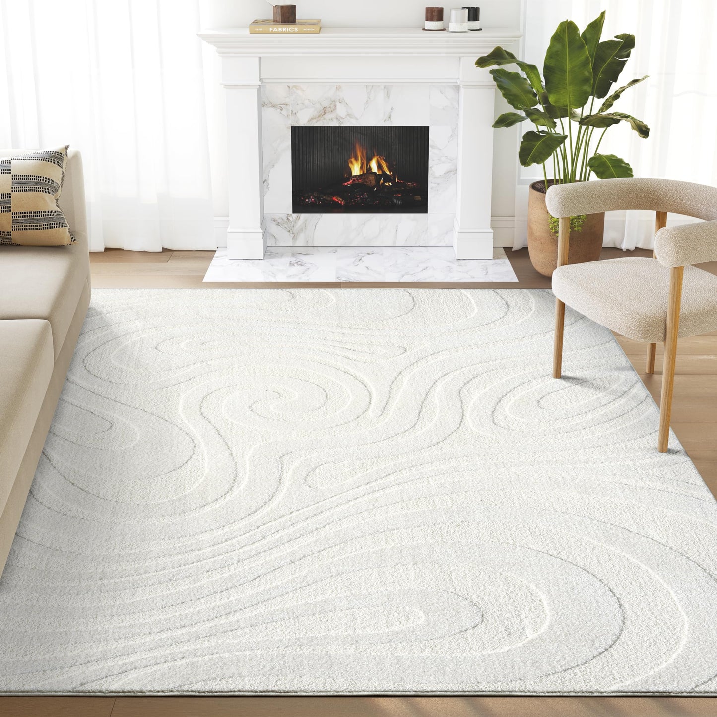Abani Cozy Cream Area Rug for Living Room, Bedroom - Swirl Waves Pattern - 4' x 6' - Durable & Easy to Clean