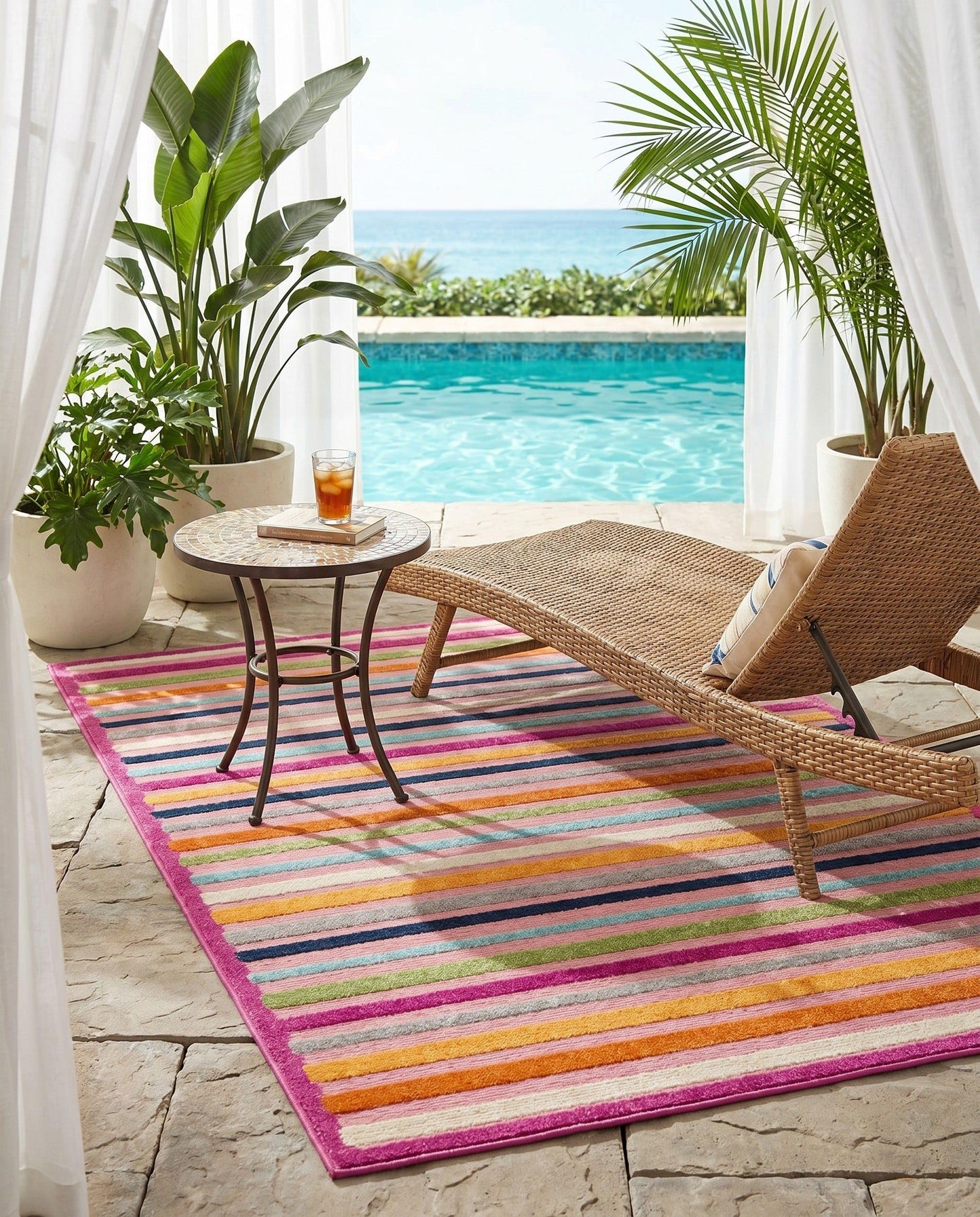 Rugs.com - Aruba Outdoor Rug – 5' 3 x 8' Pink Washable Indoor/Outdoor Rug – Bohemian Striped Pattern for Patios, Decks, and Playrooms