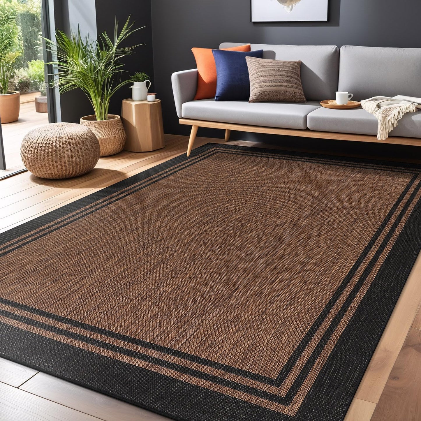 Luul Home Bordered Outdoor Rug 8x10 Washable Outside Carpet for Indoor Patio Porch Waterproof Easy Cleaning Non Shedding Area Rugs Nut Brown 8 x 10