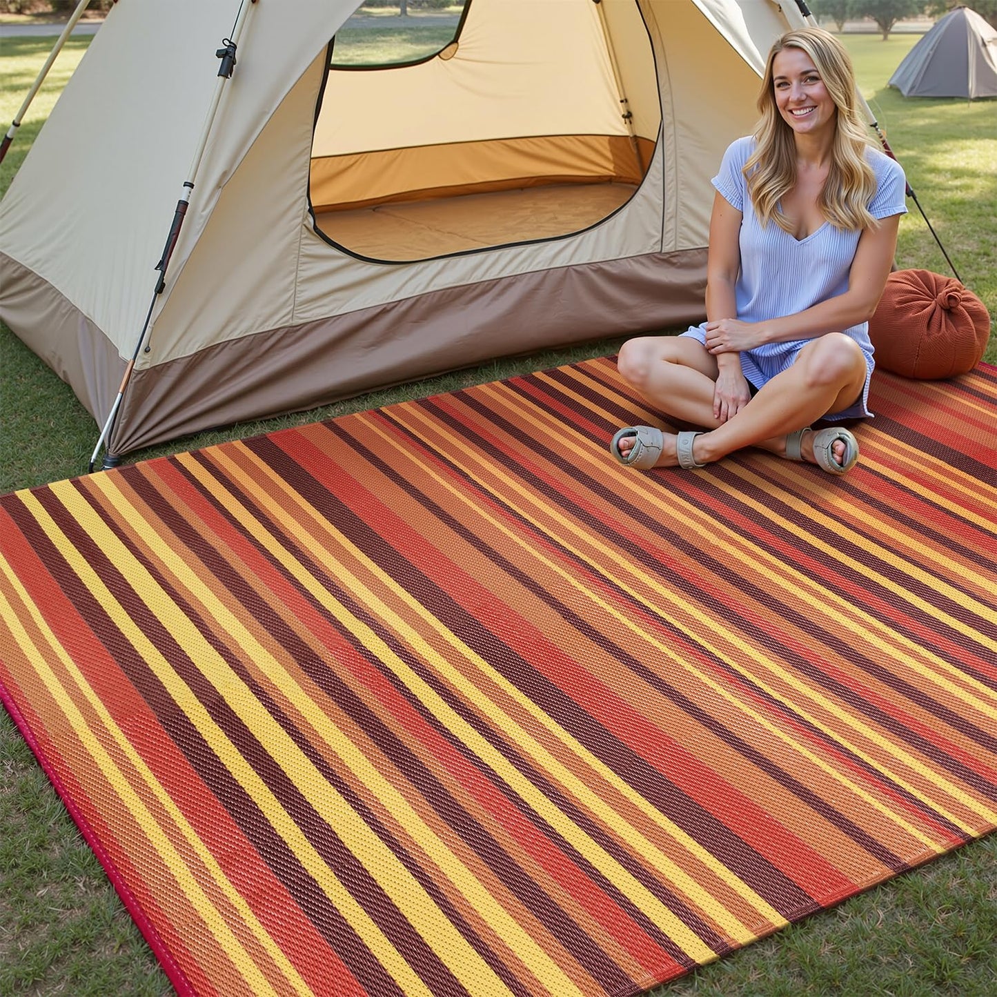 WondRg Outdoor Plastic Straw Rug Waterproof Patio 6x9 Red Orange Stripe Mat for Porch Camping RV Balcony Deck Courtyard Reversible Lightweight Durable Portable Carpet