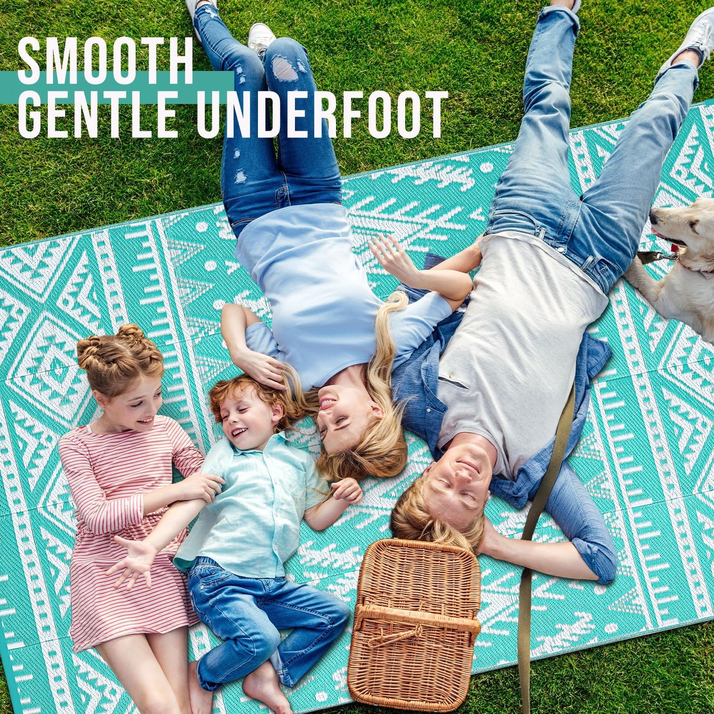 OLANLY Outdoor Rug Waterproof 9x12 ft, Reversible Outdoor Plastic Straw Rug, Boho Patio Rug, Indoor Outdoor Carpet, RV Mat Outside for Patio, Camp, Picnic, Balcony, Deck, Backyard, Turquoise & White
