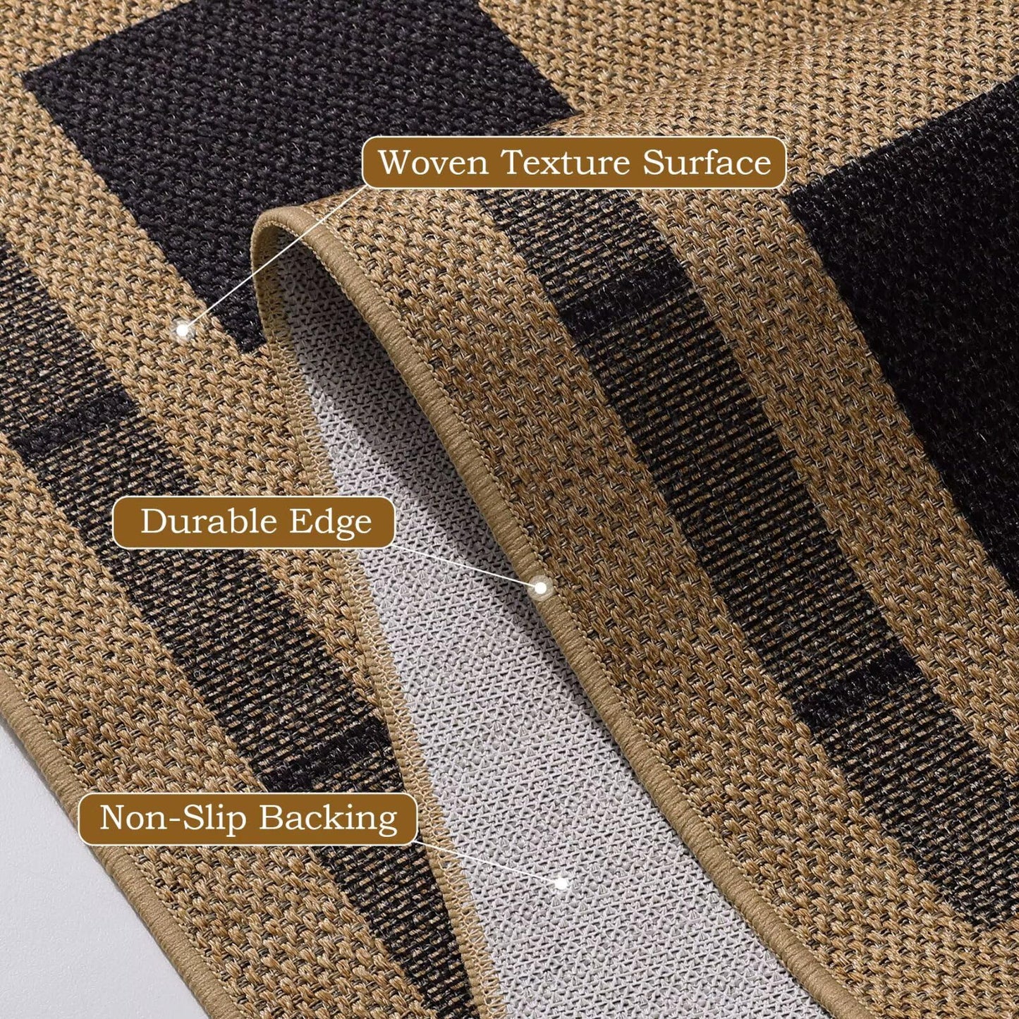Vasofe 2x6 Jute Checkered Rugs, Outdoor Runner, Runner Rug for Hallway, Washable Patio Porch Balcony Runners Indoor Bedroom Kitchen Laundry Mat, Non Slip Plaid Farmhouse Carpet, Black and Brown