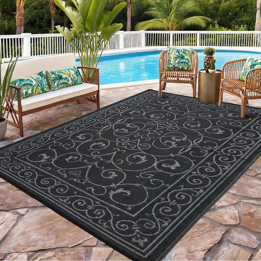 MilleLoom Waterproof Plastic Straw Outdoor Rug 9x18 Patio Reversible UV Resistant Foldable Camping Carpet Vintage Large Outdoor Rugs for Deck, Picnic, Porch, Camper, Balcony, Beach，Black Grey