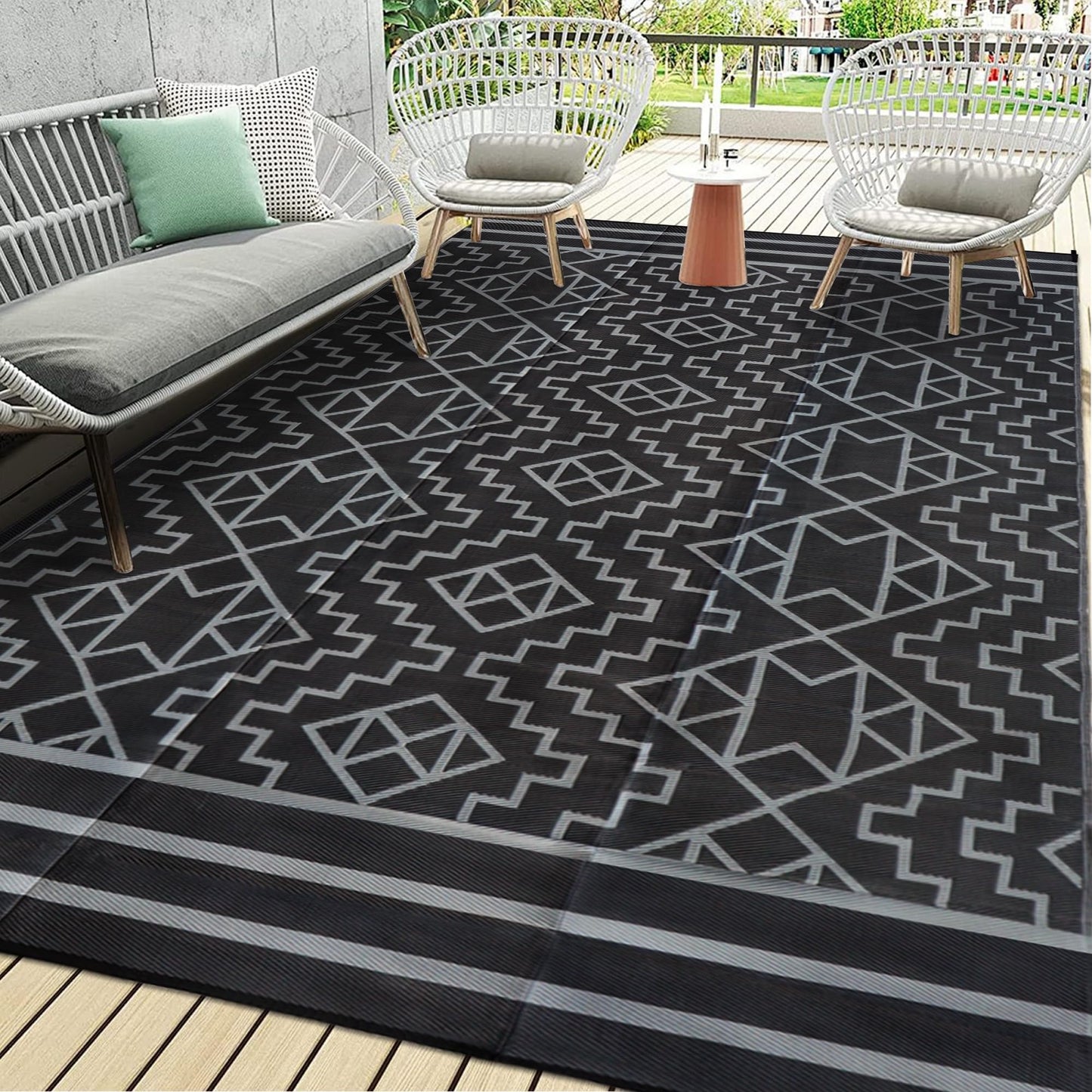 SAND MINE Reversible Mats, Plastic Straw Rug, Modern Area Rug, Large Floor Mat and Rug for Outdoors, RV, Patio, Backyard, Deck, Picnic, Beach, Trailer, Camping (9' x 18', Black & Grey)