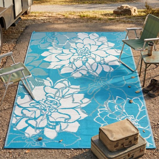 IDEALHOUSE Reversible Outdoor Rug, 320GSM Recycled Plastic Patio Rug, Lightweight Folding Camping Mat with Carry Bag and 4 Stakes, for RV, Picnic, Beach, Balcony, Light Blue White, 9x18 ft
