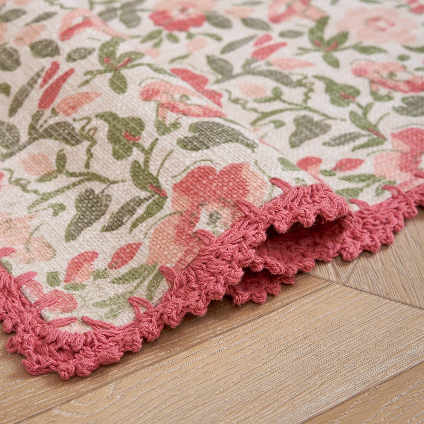 Laura Ashley Cotton Crochet Border Sherston Coral Pink Floral Machine Washable & Slip Resistant 1'8" x 5' Runner Rug