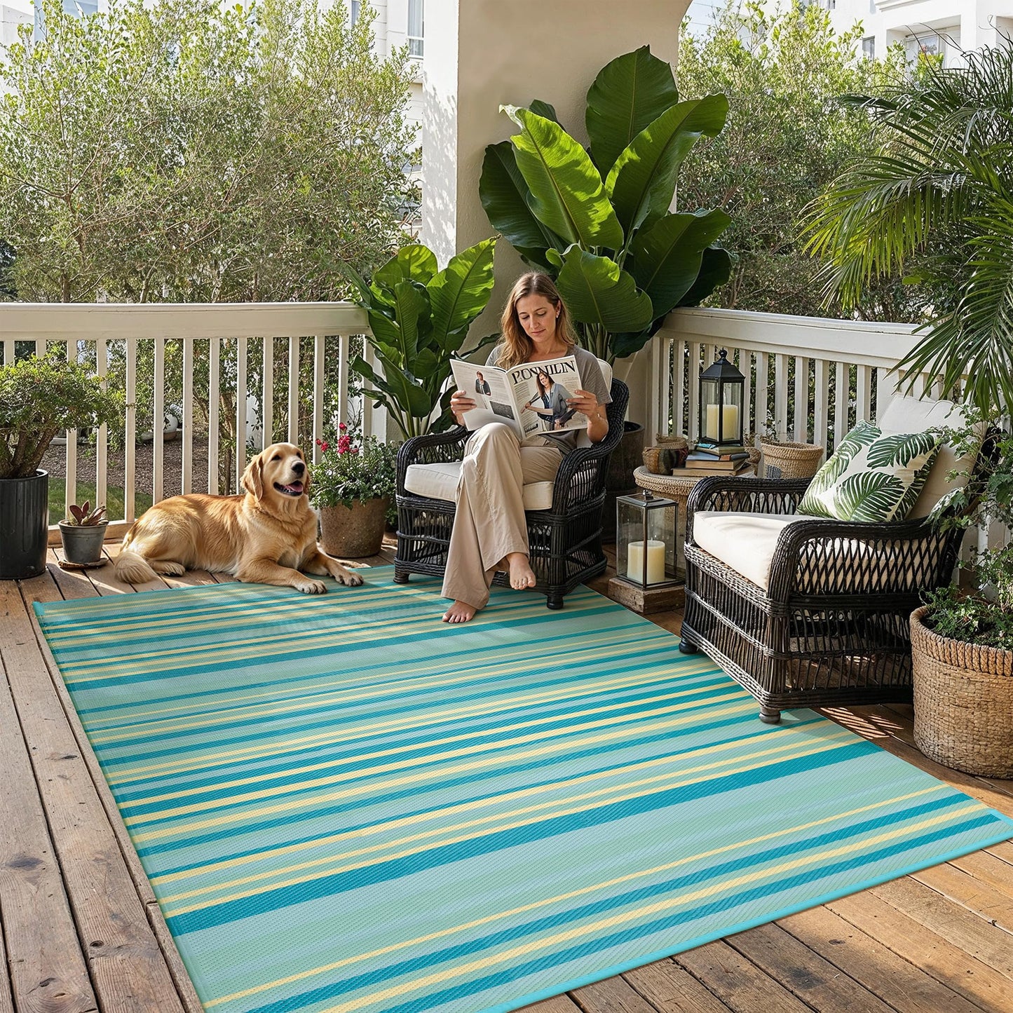 WondRg Outdoor Plastic Straw Rug Waterproof Patio 6x9 Teal Yellow Stripe Mat for Porch Camping RV Balcony Deck Courtyard Reversible Lightweight Durable Portable Carpet