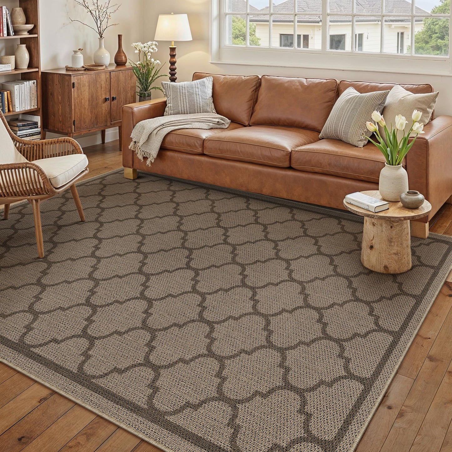 PureCozy 5x7 Geometric Figure Easy Jute Area Rug for Living Room Scalloped Washable Indoor Outdoor Carpet Farmhouse Patio Office Mat Geometric Non Slip Black Carpet for Backyard Dining Room