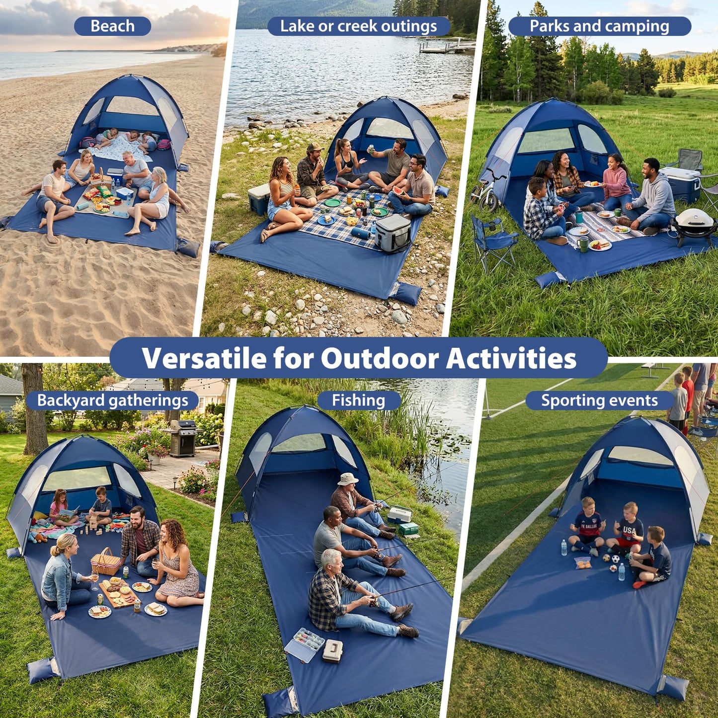 Beach Tent Sun Shelter- with 114 x 82” Extended Mat for 3-6 Person,UPF 50+ UV Protection,Easy Setup Beach Shade Canopy,Portable Camping Sun Shelters with 3 Mesh Window for Family Picnics Fishing