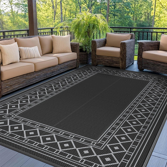 GENIMO Outdoor Rug Waterproof 6'x9' for Patio, Foldable Reversible Plastic Straw Carpet for Travel Trailers, Outside Area Mat for Rv, Deck, Picnic, Porch, Camper, Balcony, Beach, Black & Grey