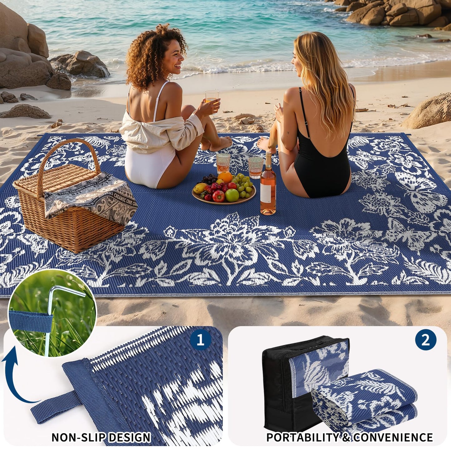 GarveeHome Outdoor Rug 9x18 Patio Waterproof, Reversible Plastic Straw Rugs for Camping, Picnic, Balcony, Porch, RV, Easy-Clean & Quick Dry Floral Pattern Large Indoor Outdoor Carpet, Dark Blue