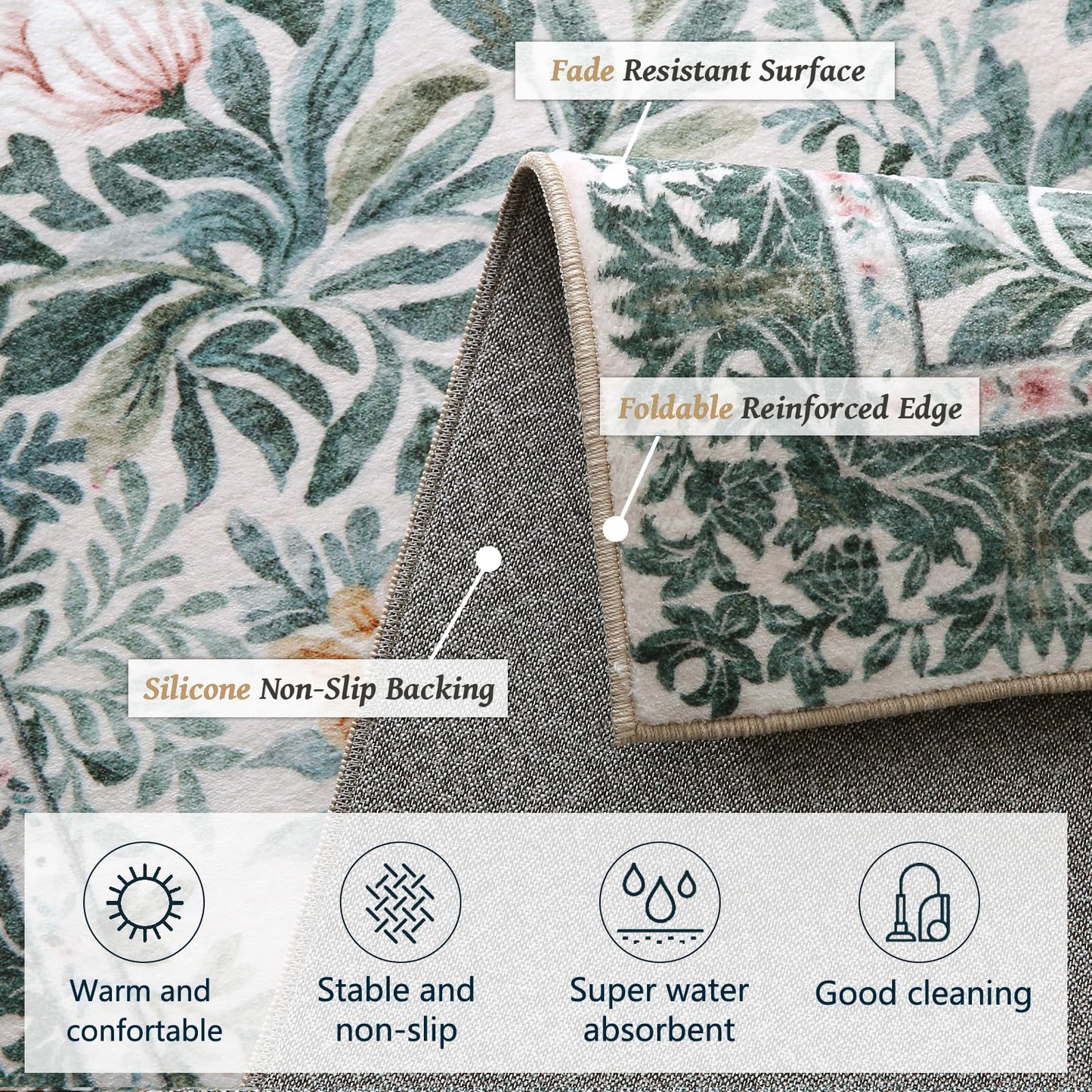 Baksham Botanical Floral Area Rug 5x7 Light Green Cream Vintage Garden Design, Perfect for Living Room, Bedroom, Kids Room, Nursery - Stain & Water Resistant Non-Slip, Pet & Child Friendly Area Rugs