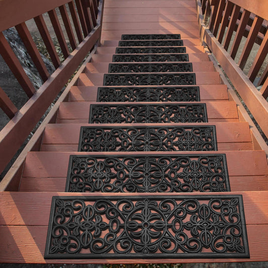 Ottomanson Outdoor Rubber Stair Treads – Scroll Classic Heavy-Duty Non-Slip Stair Mats – Best Grip on Concrete, Brick & Textured Step – Fastening Recommended for Wooden & RV Steps, Pack of 5