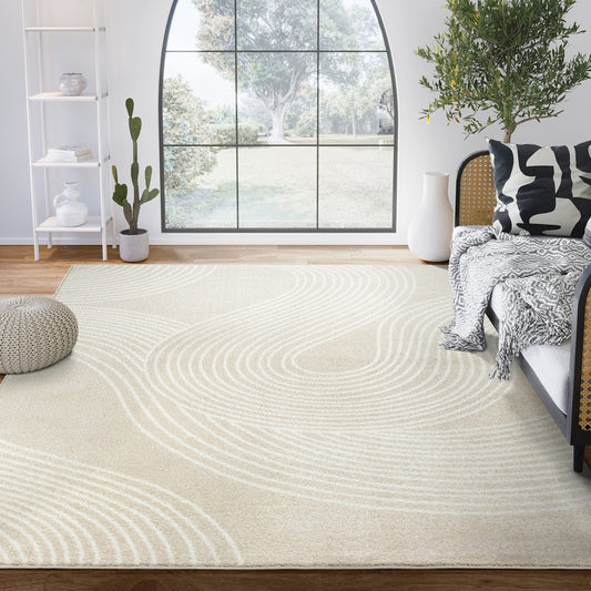 Abani Beige and White Swirl Area Rug | 5'3" x 7'6" Cream Carpet with Wave Pattern | Modern Rug for Living Room, Bedroom and Office | Nuevo Collection