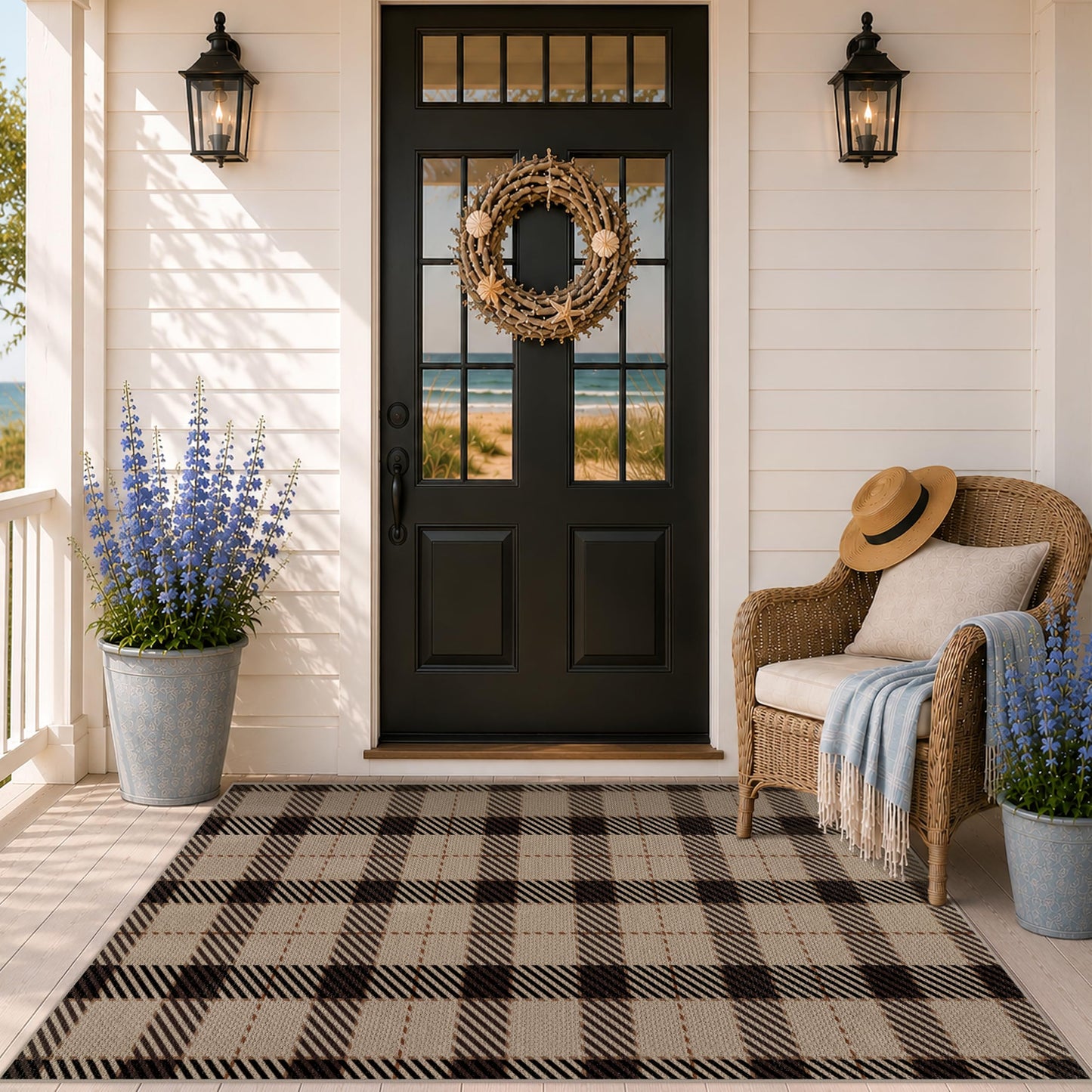 JTJ Outdoor Rug 3x5 for Front Porch, Washable Easy Jute Indoor Outdoor Rug, Non Slip Entryway Area Rug for Patio, Kitchen, Balcony, Farmhouse Black & Tan Plaid Rug