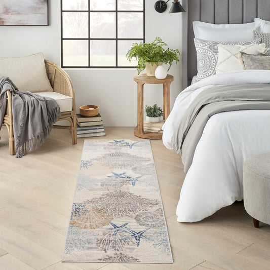 Nourison Home Pompeii Ivory Grey Blue 2'3" x 7'6" Area Rug - Easy Clean, Non Shedding, Bed Room, Living Room, Dining Room, Kitchen (8' Runner)