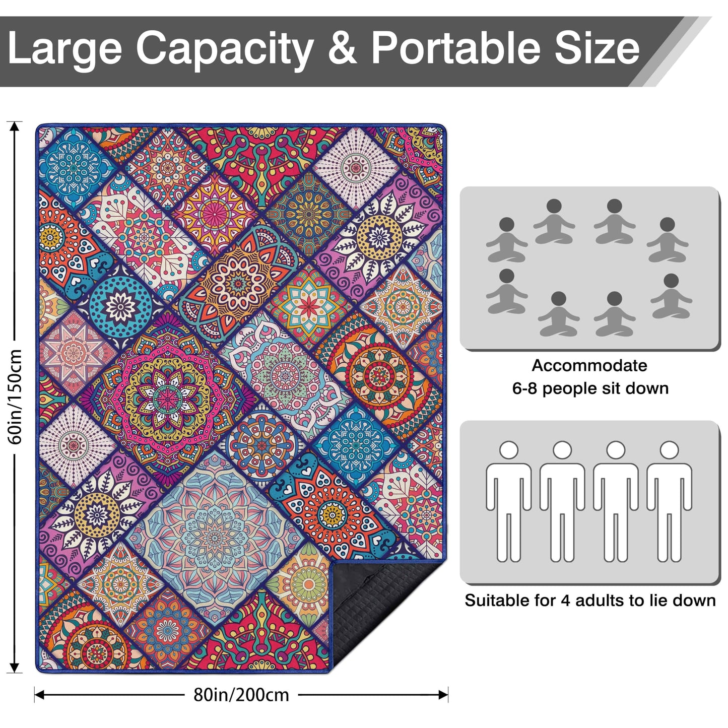 Fefede Waterproof Picnic Blankets Foldable & Portable 60''x80'' Boho Picnic Mat for Outdoors, Large Washable Picnic Blanket for Travel Camping Beach, Park Grass Picnic Blanket Accessories for Adults