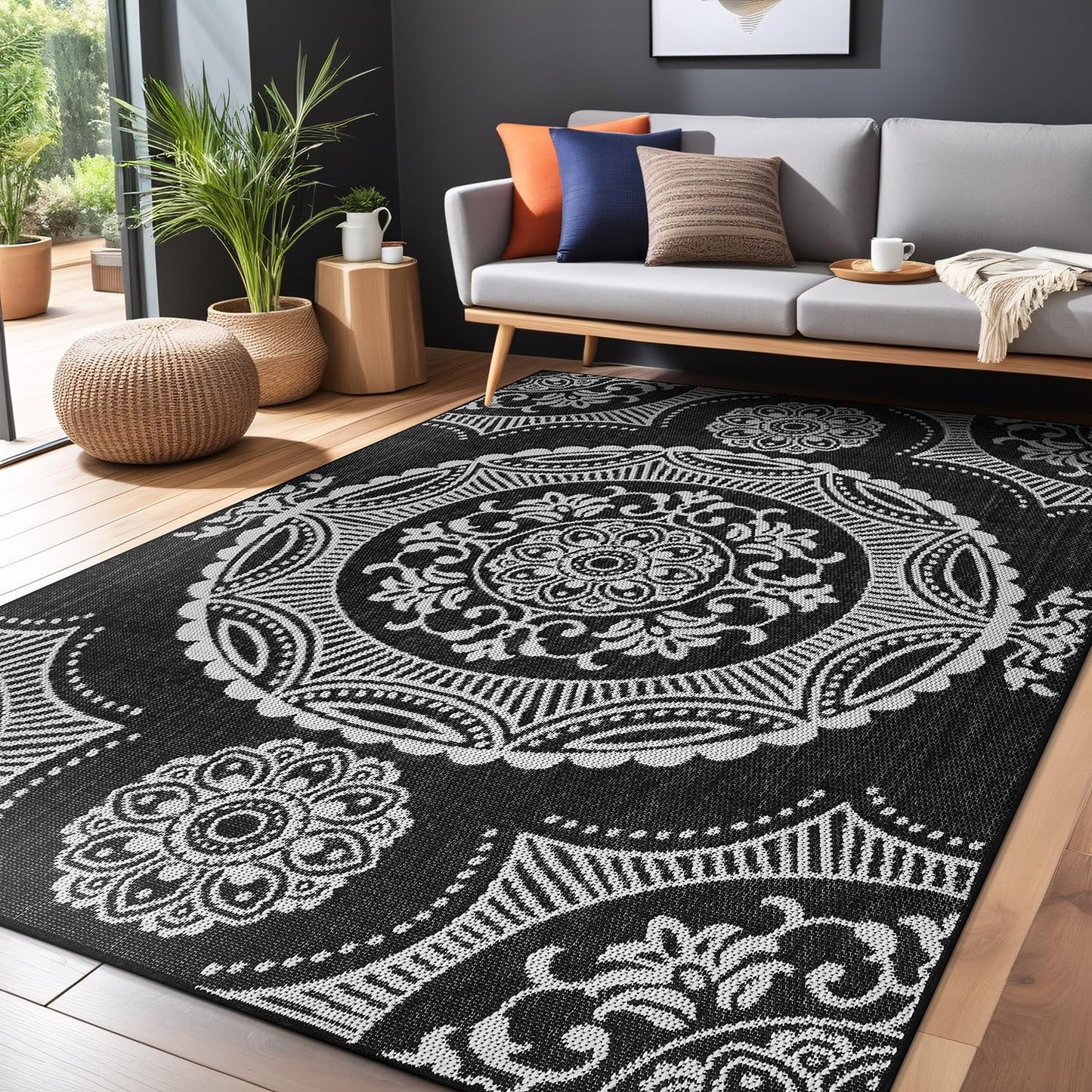 Luul Home Medallion Outdoor Rug 8x10 Washable Outside Carpet for Indoor Patio Porch Waterproof Easy Cleaning Non Shedding Area Rugs Black 8 x 10
