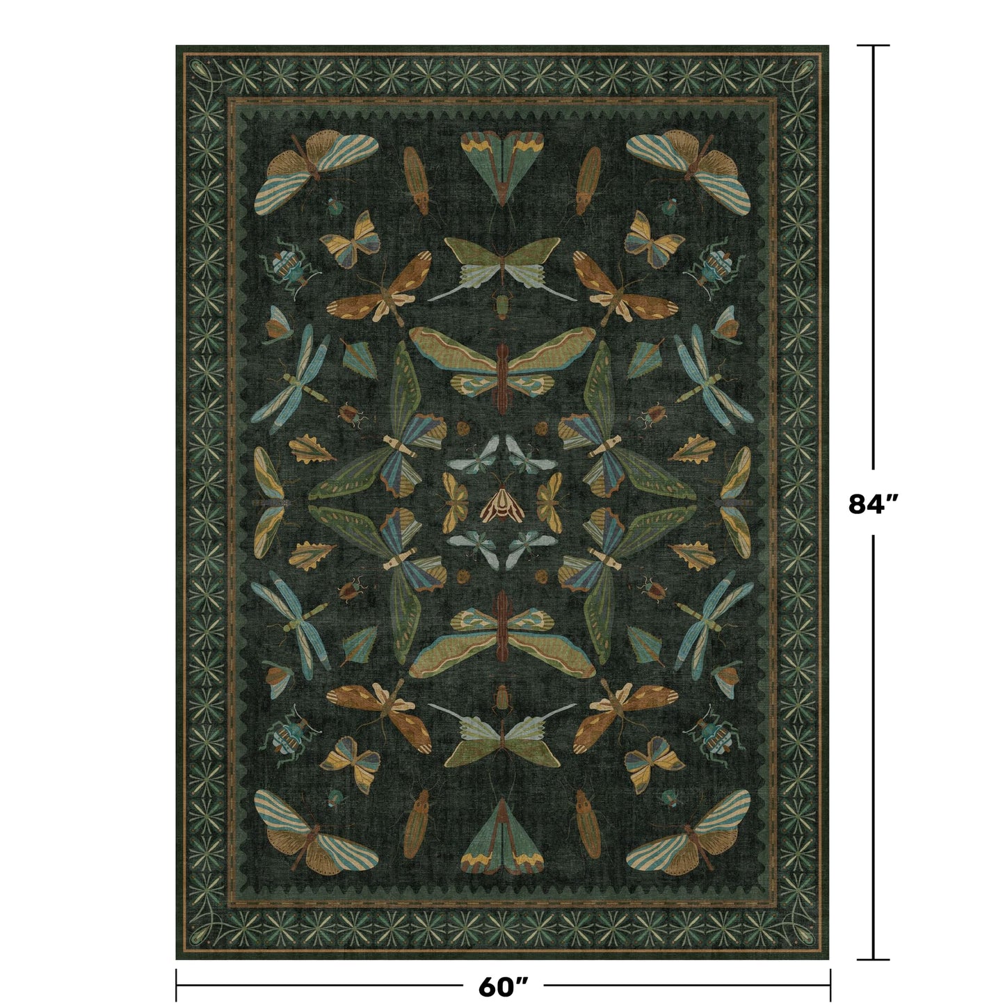 Dark Green Area Rugs 5x7 for Living Room - Fairy Fantasy Moss Rugs for Dining Room Table, Bedroom, Whimsical Insect Boho Moth Décor, Washable Non Skid Soft Carpet