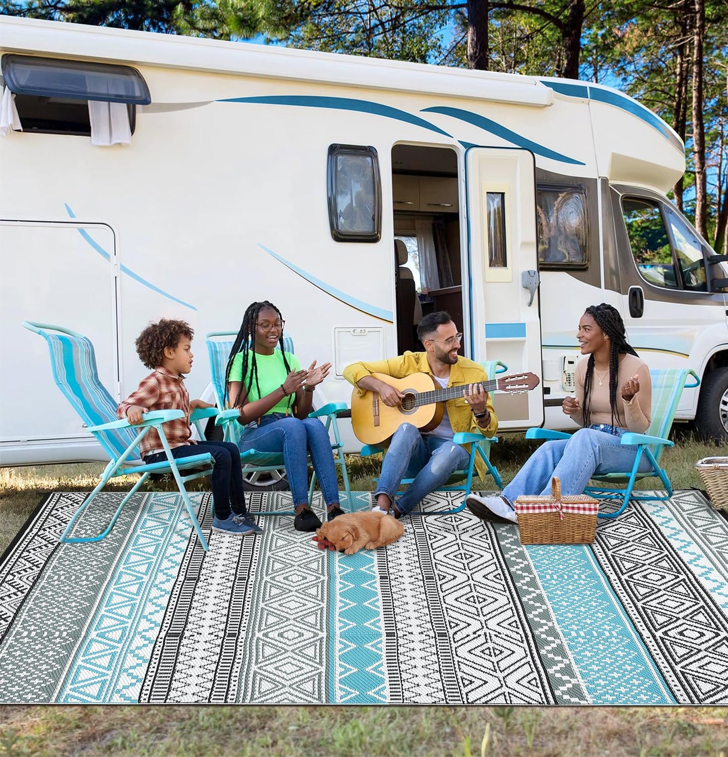 GlowSol Outdoor Rugs 9x12 Waterproof Portable Camping Carpet, Reversible Outdoor Plastic Straw Rug for Patio, RV Mat Bohemian Outdoor Rugs for Porch, Deck, Backyard, Balcony, Picnic,Blue/Grey