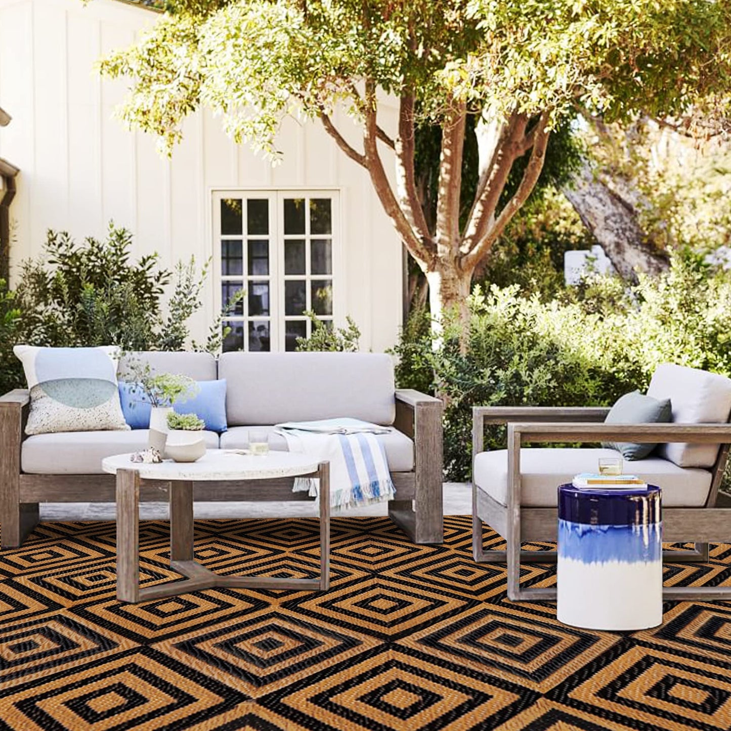 Ridota Reversible Mats, Outdoor Patio Rugs, Plastic Straw Rug, Modern Area Rug, Floor Mat for Outdoors, RV, Patio, Backyard, Deck, Picnic, Beach, Trailer, Camping (Diamond Black & Brown, 9' x 12')
