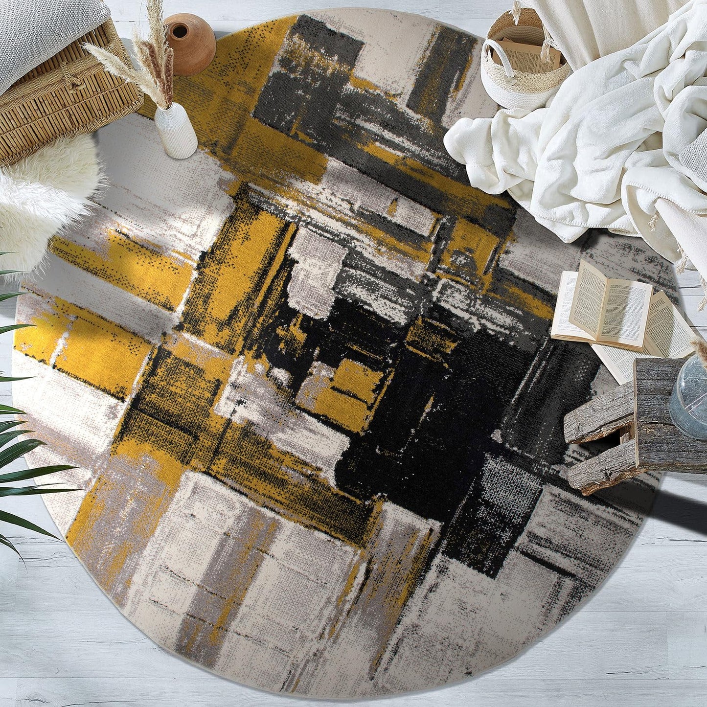Rugshop Gold Modern Abstract Round Area Rug — Non-Shedding for Living Room, Dining Room and Foyer 8' Round