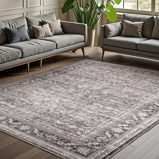 OPPODREAM Vintage Grey Area Rugs 5x7, 5 x 7 Retro Washable Rug Non Slip, Low-Pile Faux Wool Carpet, Distressed Gray Floor Mat for Living Room, Bedroom, Kitchen, Office, Dorm, Dinning Room