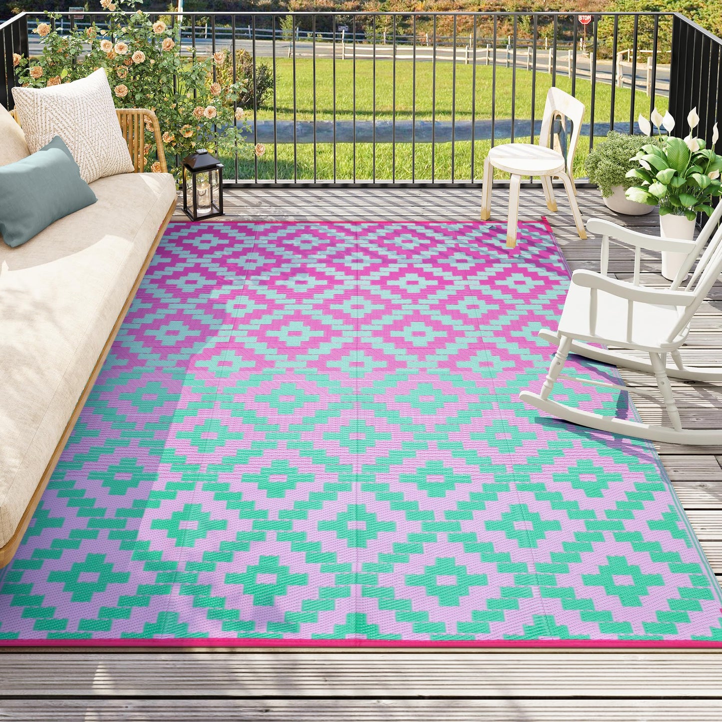 Anidaroel Ombre Outdoor Area Rugs 8x10 Waterproof, Reversible Plastic Straw Outside Rug for Patios Clearance, Large Outdoor Area Rug for RV Camping, Picnic, Camper, Backyard(Green&Pink,8‘x10')