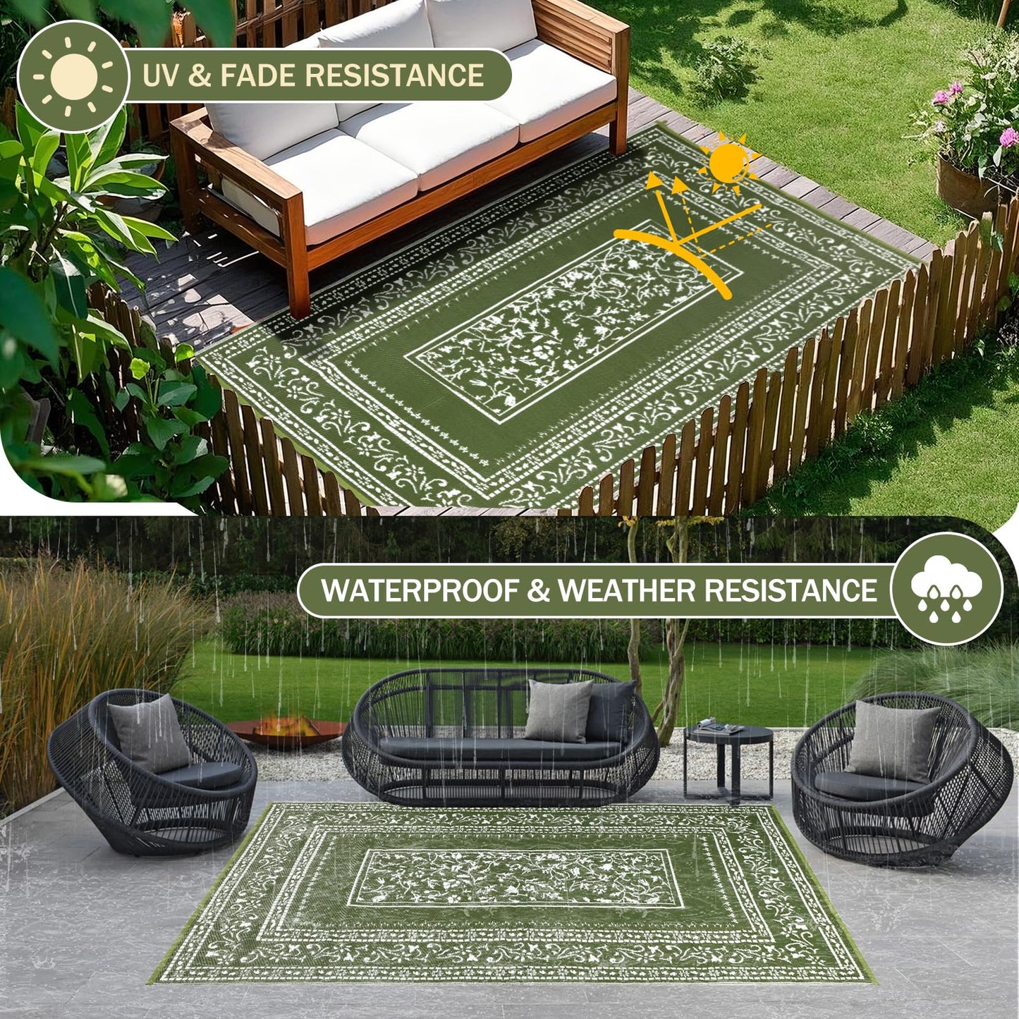 nesrt Patio Outdoor Rug 5x8 Ft Waterproof, Reversible Plastic Straw Floral Rugs for RV Camping Picnic, Portable Outside Balcony Carpet Mat for Deck Backyard Beach Porch (Dark Green)