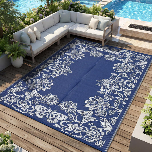 GarveeHome Outdoor Rug 9x18 Patio Waterproof, Reversible Plastic Straw Rugs for Camping, Picnic, Balcony, Porch, RV, Easy-Clean & Quick Dry Floral Pattern Large Indoor Outdoor Carpet, Dark Blue