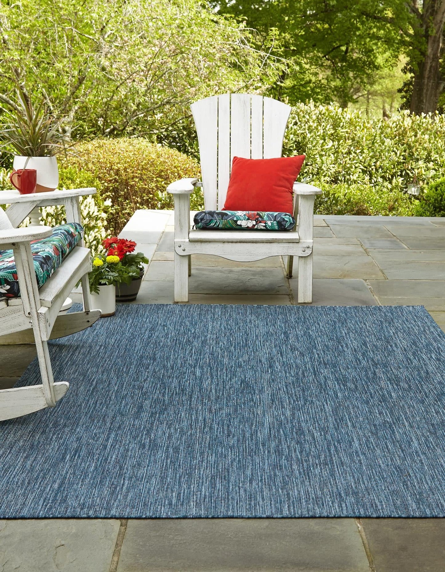 Unique Loom Collection Casual Transitional Solid Heathered Indoor/Outdoor Flatweave Area Rug (7' 10" Square, Blue/Navy Blue)