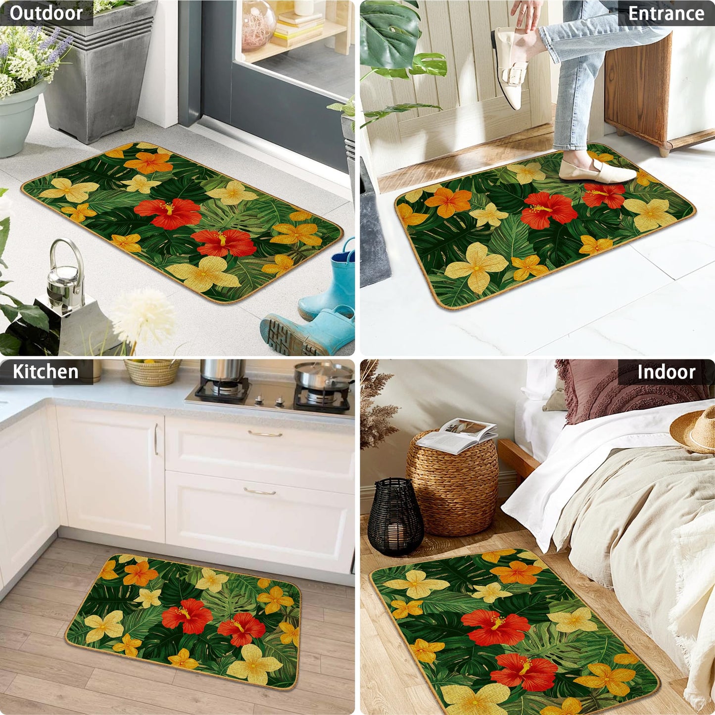 Tropical Palm Leaves Indoor Outdoor Door Mat,Hibiscus Flower Front Floor Mat Non-Slip Absorbent Low-Profile Washable Inside Entrance,Linen Sturdy Soft Entry Doormat for Entryway