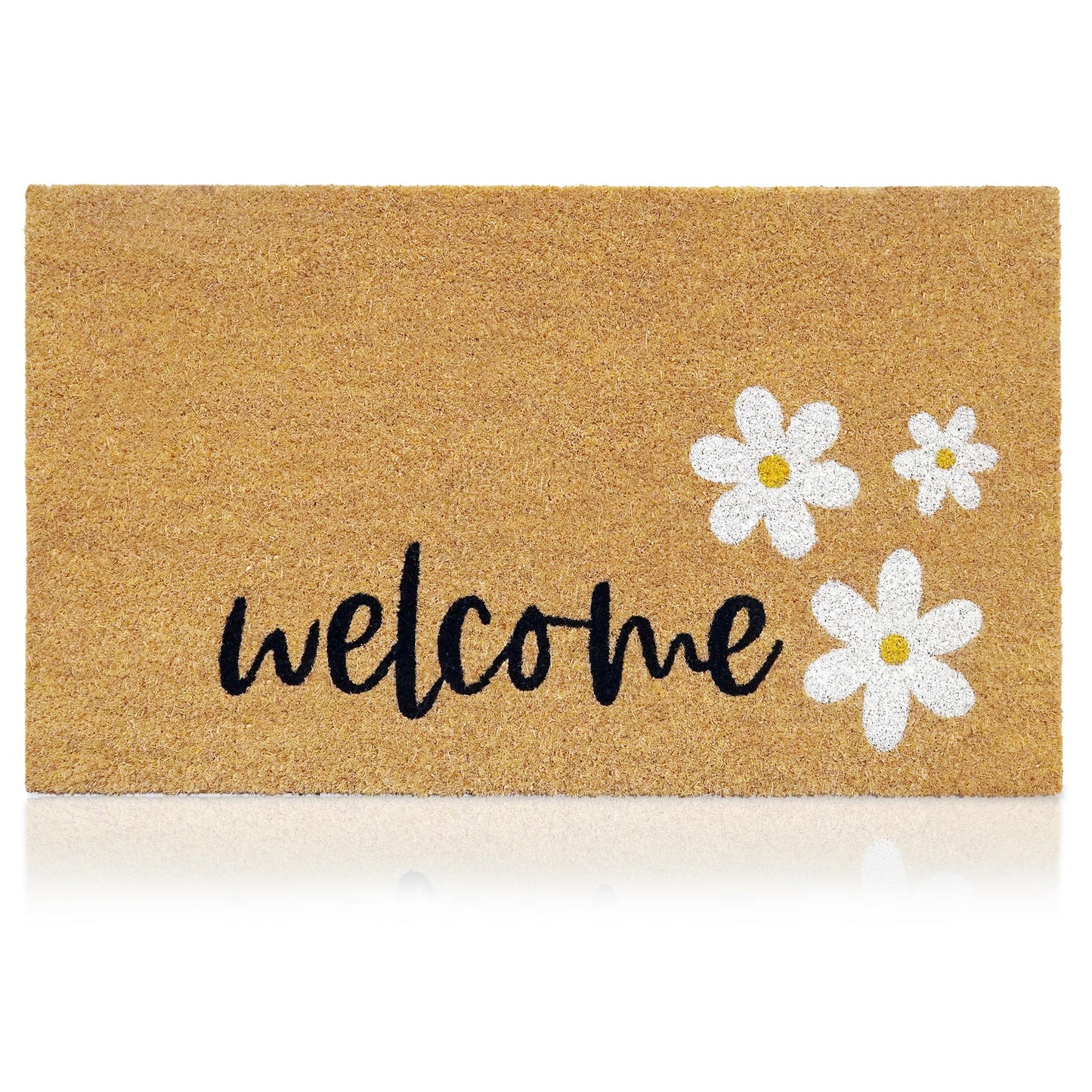 AMARU DOOR MATS - Coir Welcome Mat, Non-Slip, Welcome Daisies, 17 x 29 in
