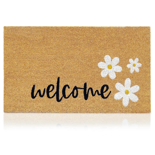 AMARU DOOR MATS - Coir Welcome Mat, Non-Slip, Welcome Daisies, 17 x 29 in