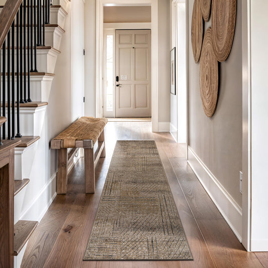 Rugshop Modern Patchwork High-Low Indoor Runner Rug, Earthtone Geometric Design, Jute Backing, Hallway Entryway Kitchen Rug, Easy-Care Spot Clean, 2' 3" x 12' Brown