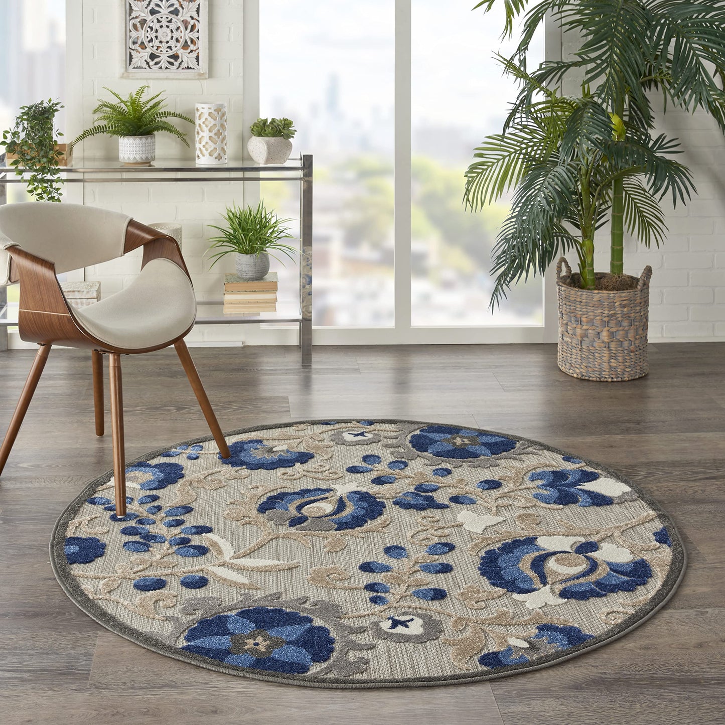 Nourison Home Aloha Natural Blue 4' x Round Area Rug - Easy Clean, Non Shedding, Bed Room, Living Room, Dining Room, Kitchen (4' x Round)