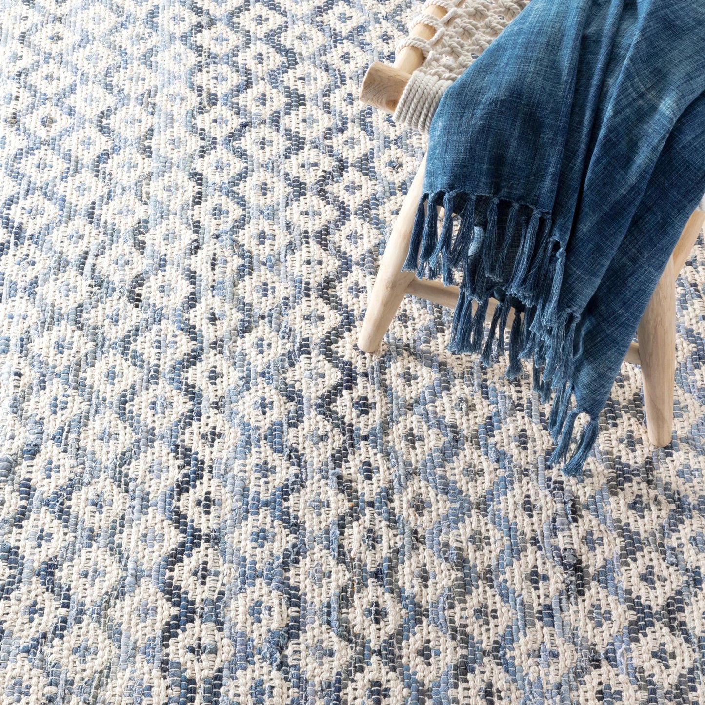 Dash and Albert Denim Rag Diamond Ivory Handwoven Cotton Rug, 2 X 3 Feet, Blue Geometric Pattern - Premium Luxury Hotel Quality Soft Breathable Hypoallergenic Machine Washable Easy Care All Season
