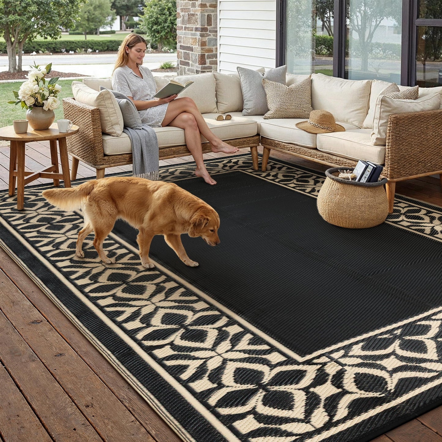 PureCozy Outdoor Plastic Straw Rug Black Beige Large Outside Waterproof Outdoor Patio 9x12 Carpet Geometric Reversible Mat Modern for Camping RV Porch Deck Balcony Beach